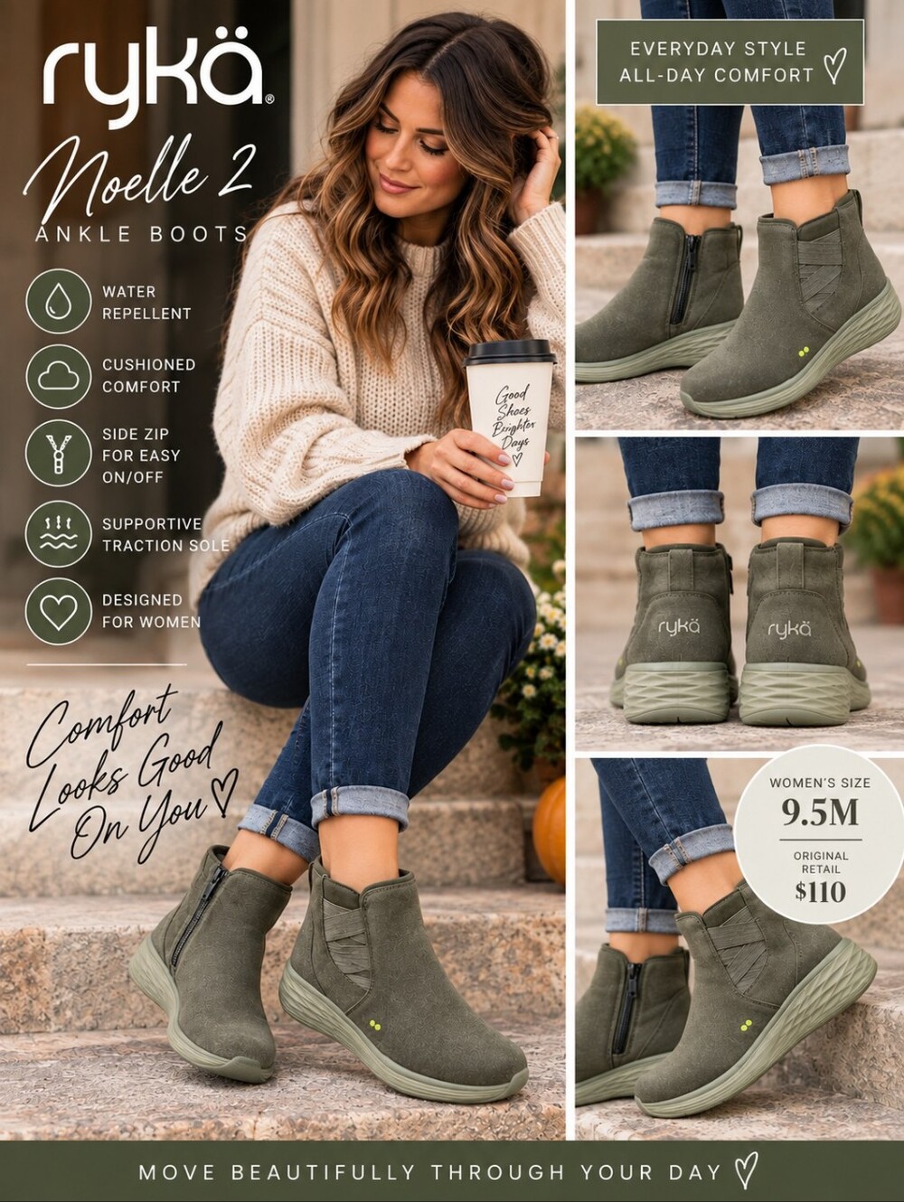 Ryka Noelle 2 Water Repellent Ankle Boots Alpine Green 9.5M